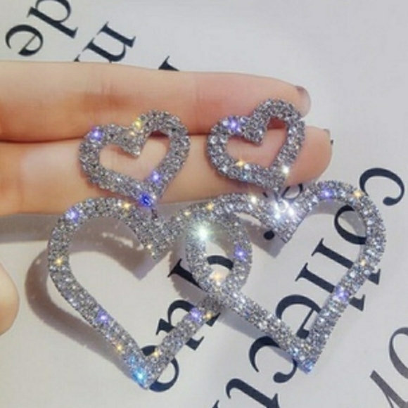 Silver Tone Double Heart Drop Earrings Pave Setting - Picture 12 of 14